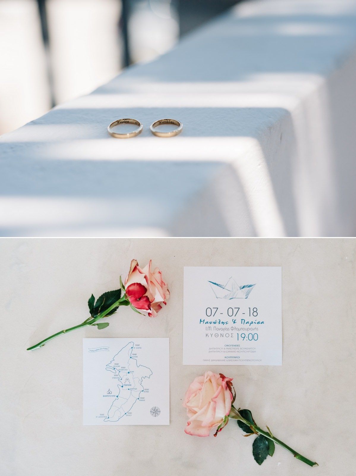 Wedding details featuring gold rings, pink roses, and invitation card on white surface.