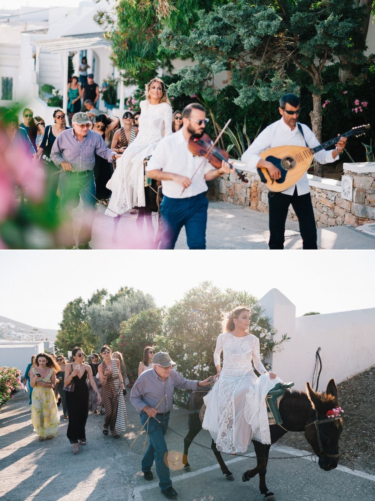 bride is on a donkey on her way to the church at folegandos