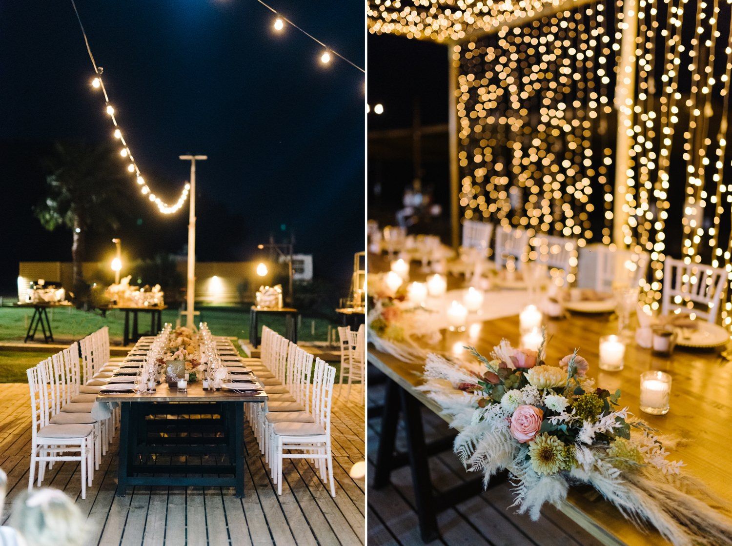 Elegant outdoor wedding reception setup with string lights and long tables under the night sky.