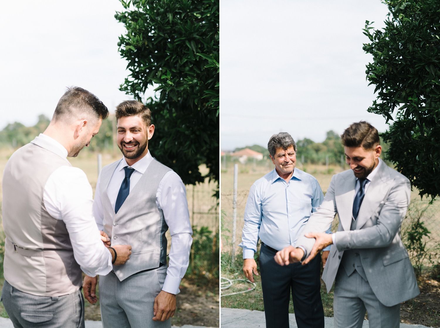 Groomsmen helping each other prepare formal attire outdoors.