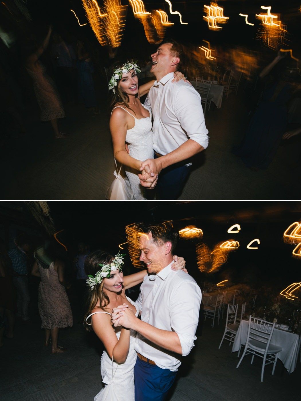 Couple sharing an intimate dance moment under twinkling lights at their wedding reception.