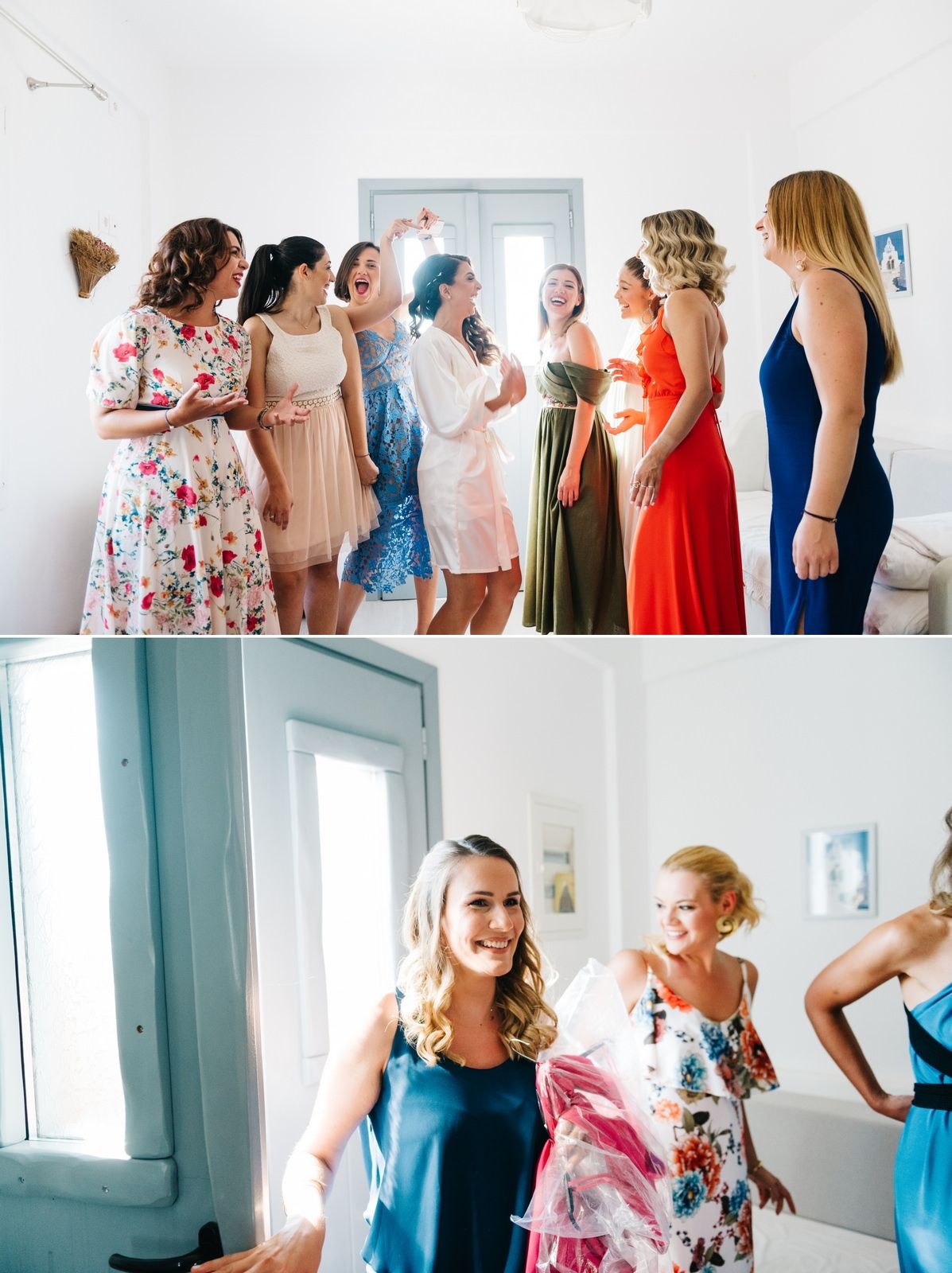 Wedding party wearing mix of floral and solid color dresses gathered in bright white room.