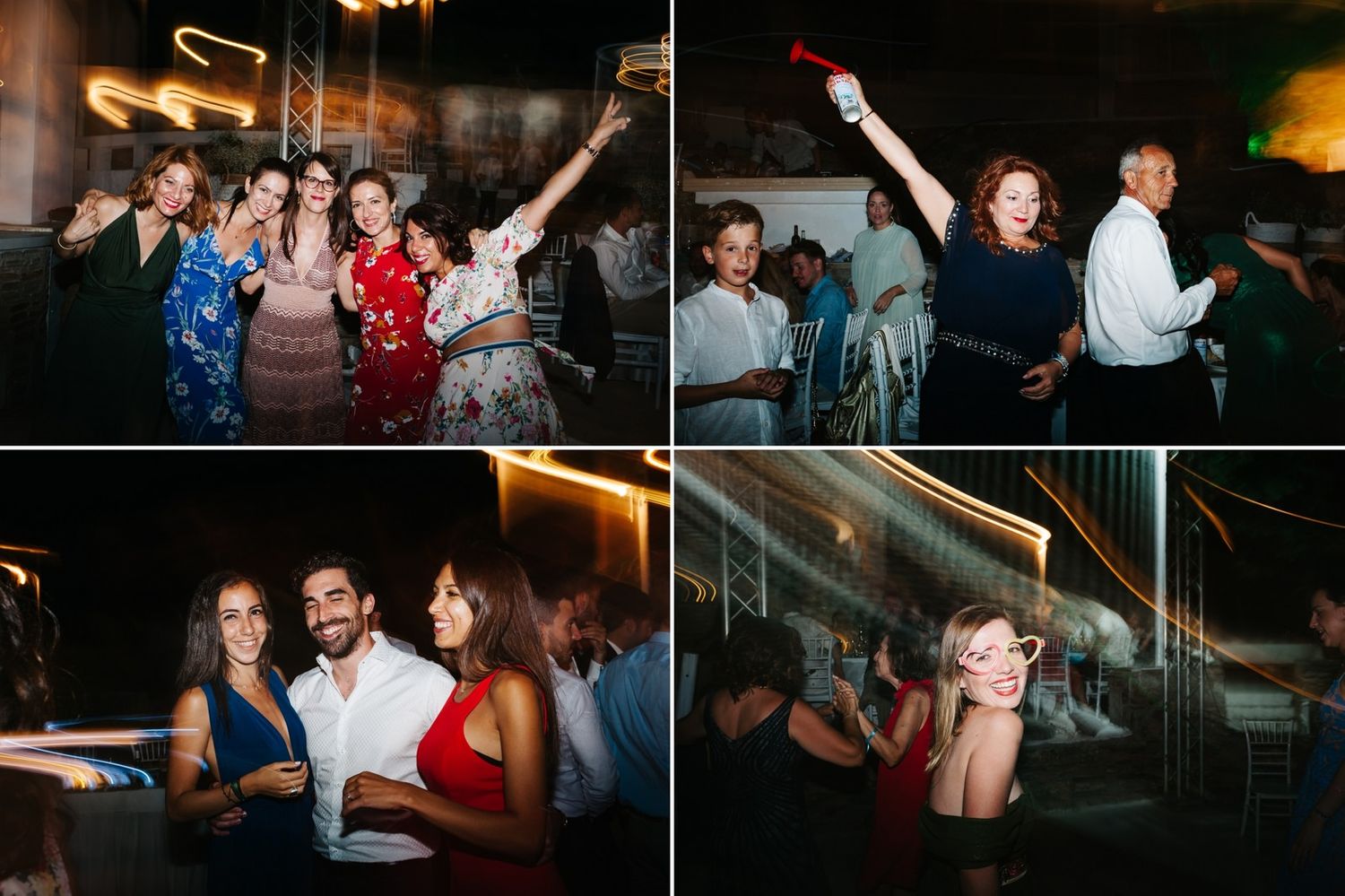 Candid shots of wedding guests dancing and celebrating at reception party.
