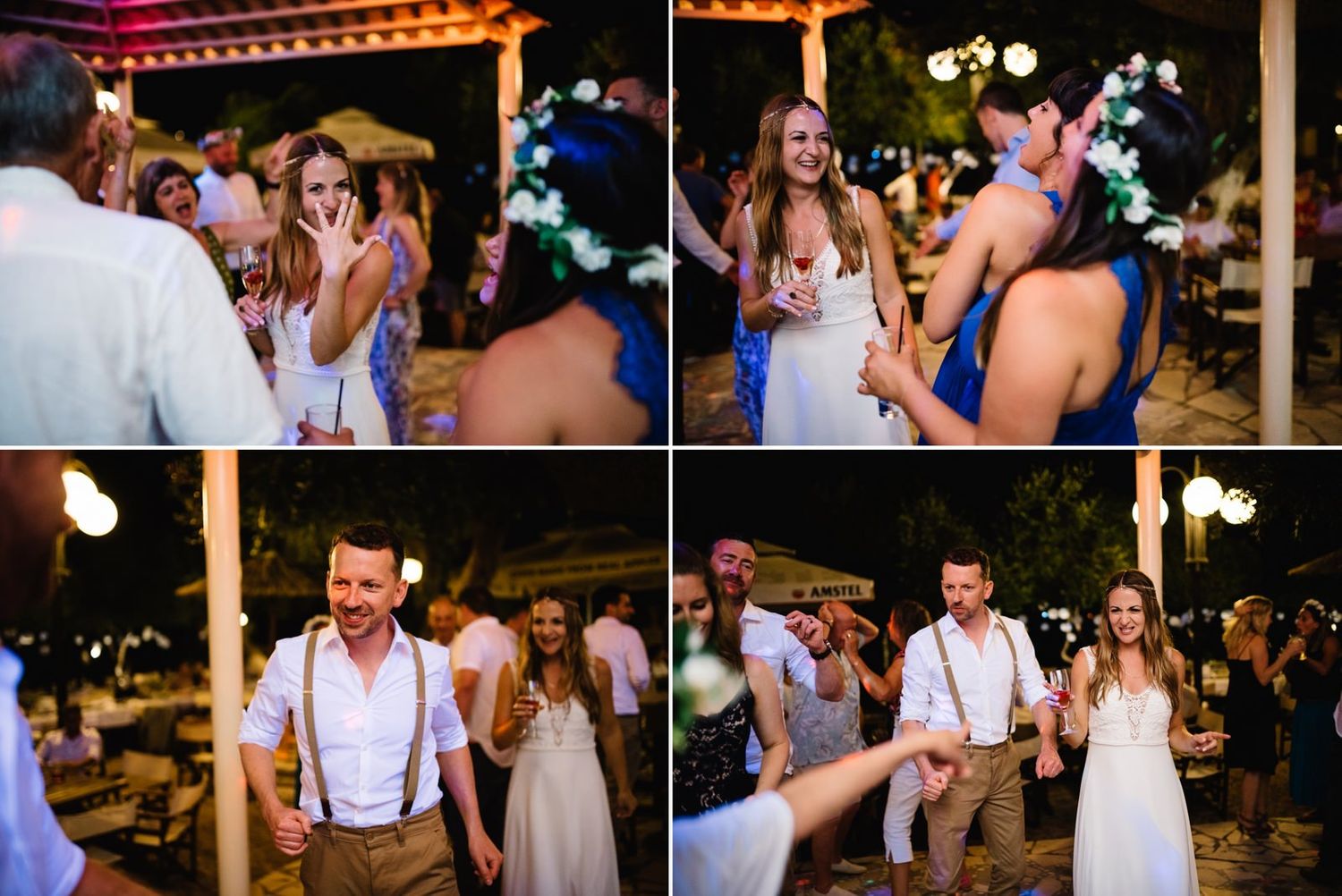 Collection of candid reception photos showing dancing and celebration under warm lighting.