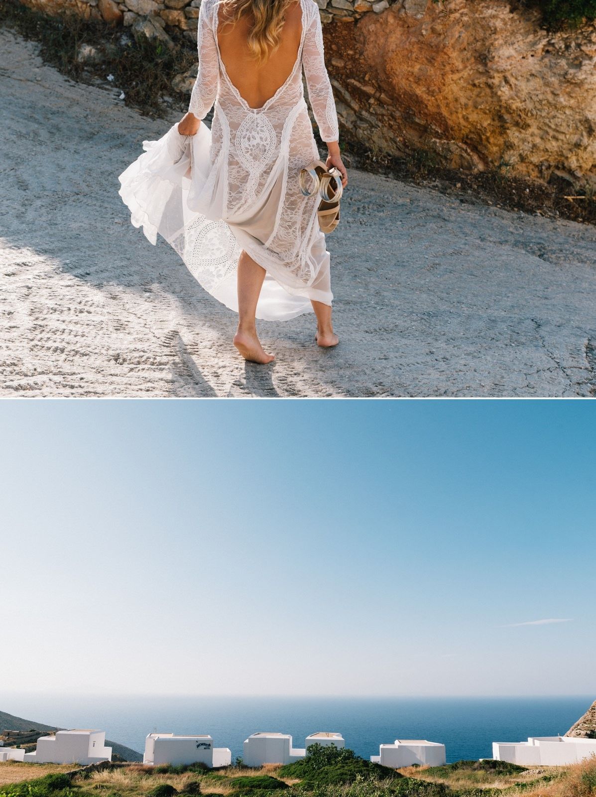 Person wearing flowing white lace dress walking barefoot on Mediterranean coastal path.