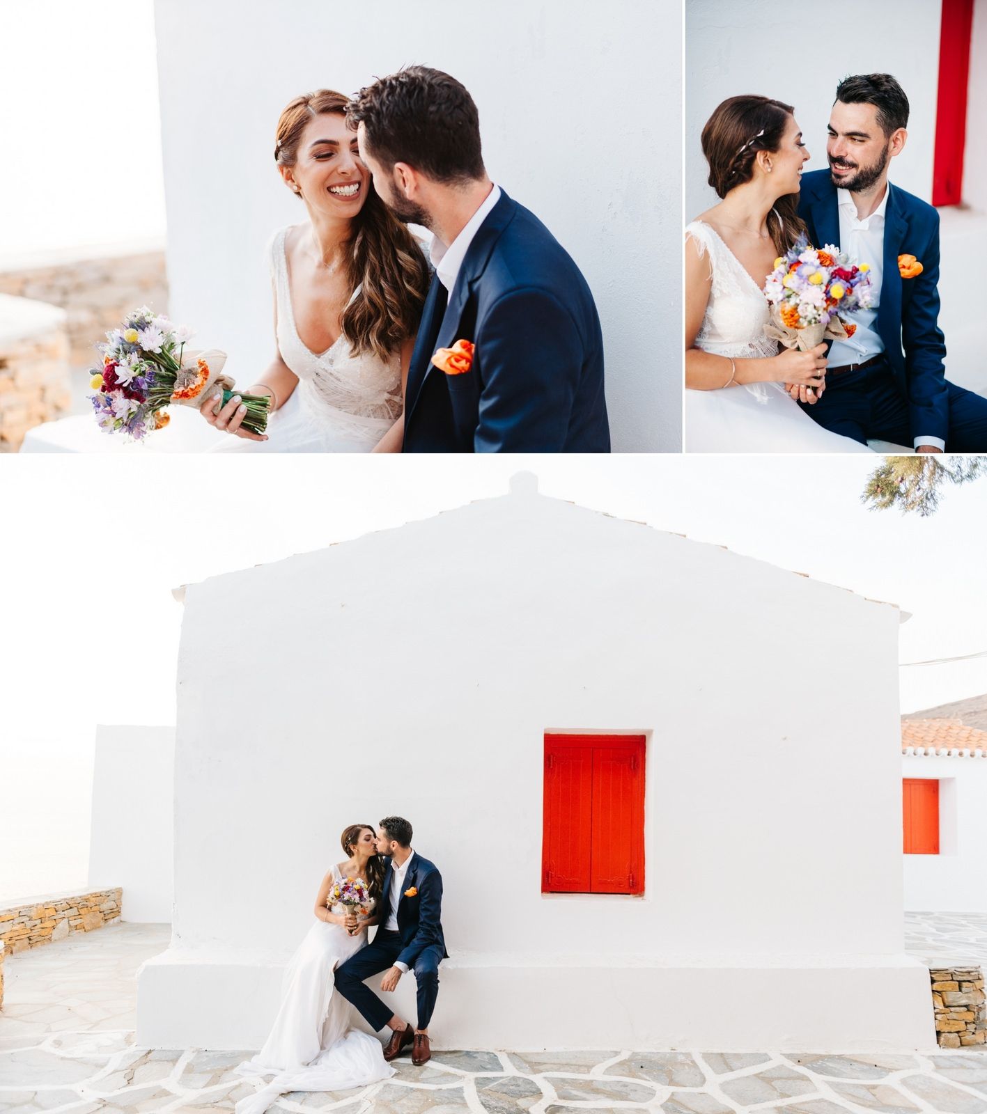 Wedding photography collage featuring couple against white Mediterranean architecture with red details.