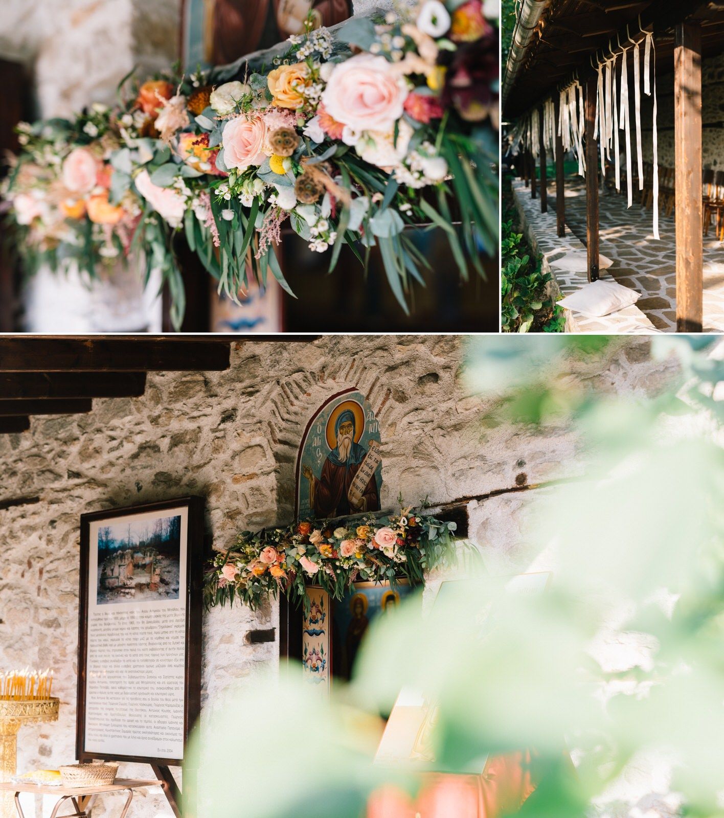 Elegant floral arrangements with pink roses and greenery decorate a rustic venue with religious iconography.