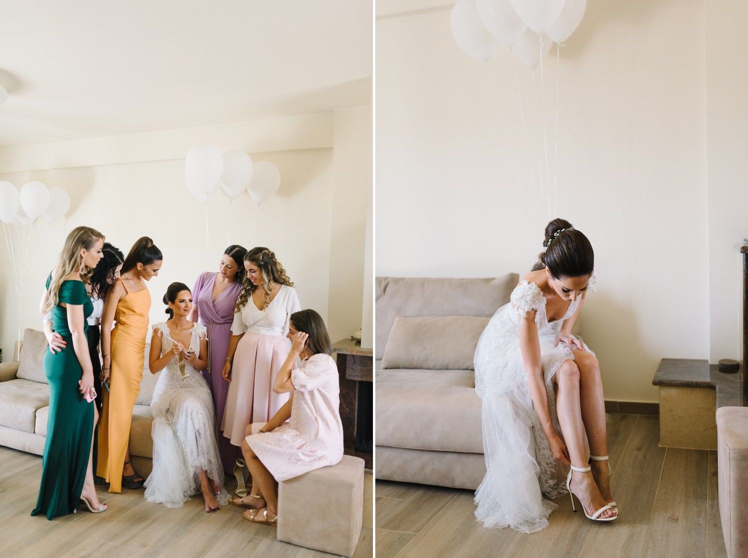 Wedding preparation scene showing dress fitting and final touches in bright interior room.