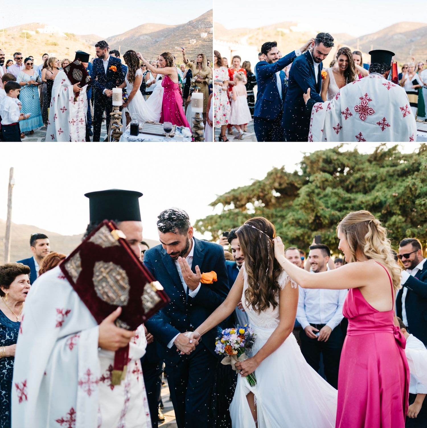 Split image showing wedding ceremony moments and celebrations in Mediterranean setting.