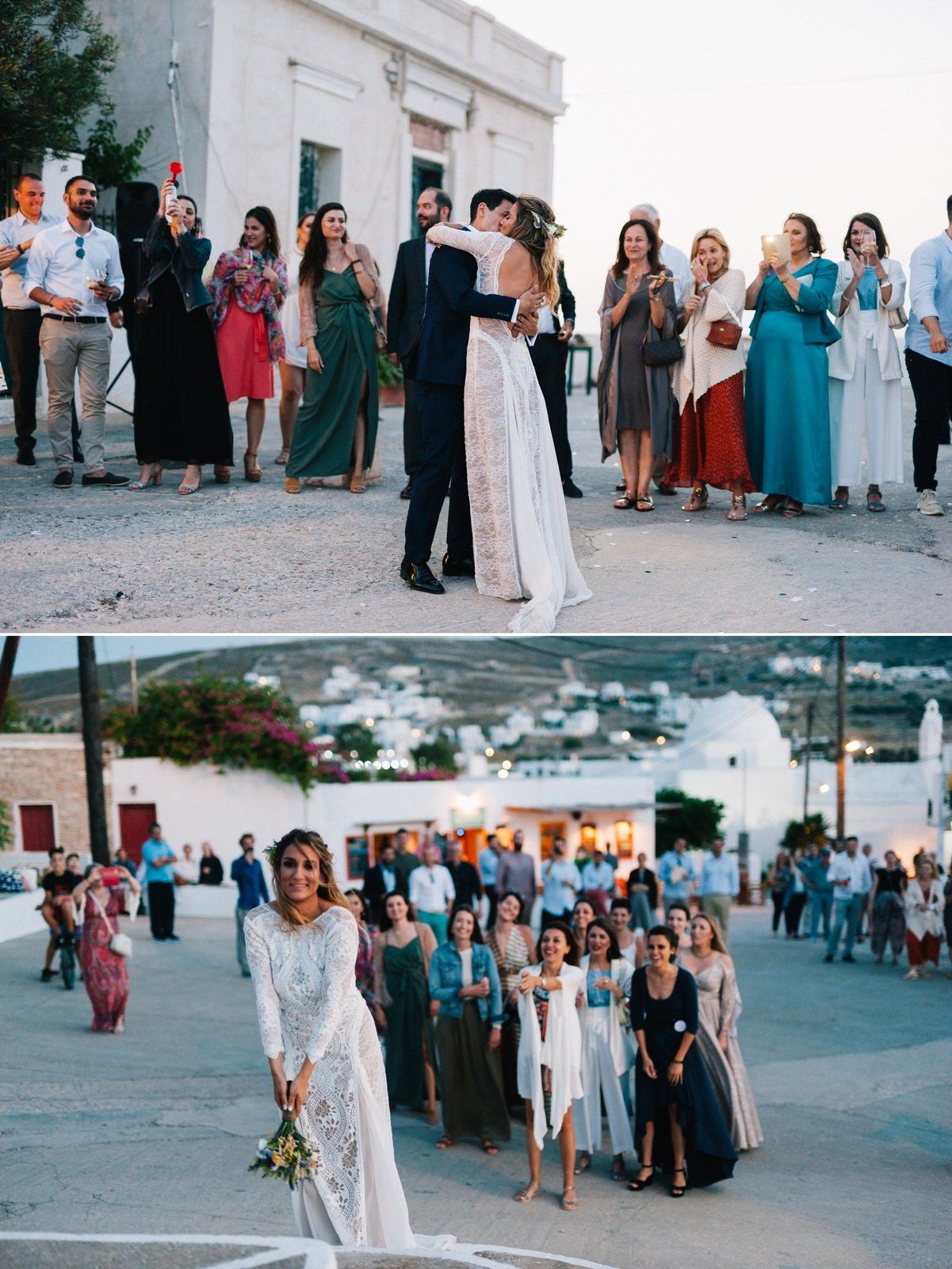 Guests celebrating at a destination wedding in a charming Mediterranean village setting.