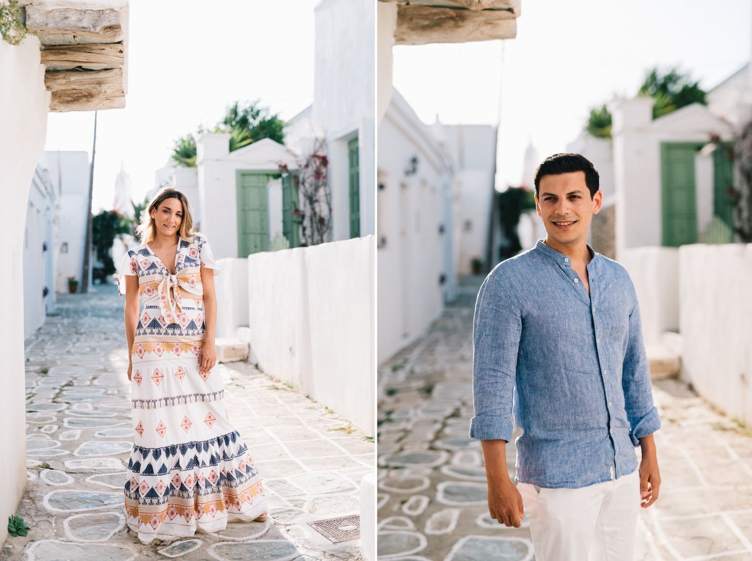 Split image showing individual portraits in a white Mediterranean village setting.