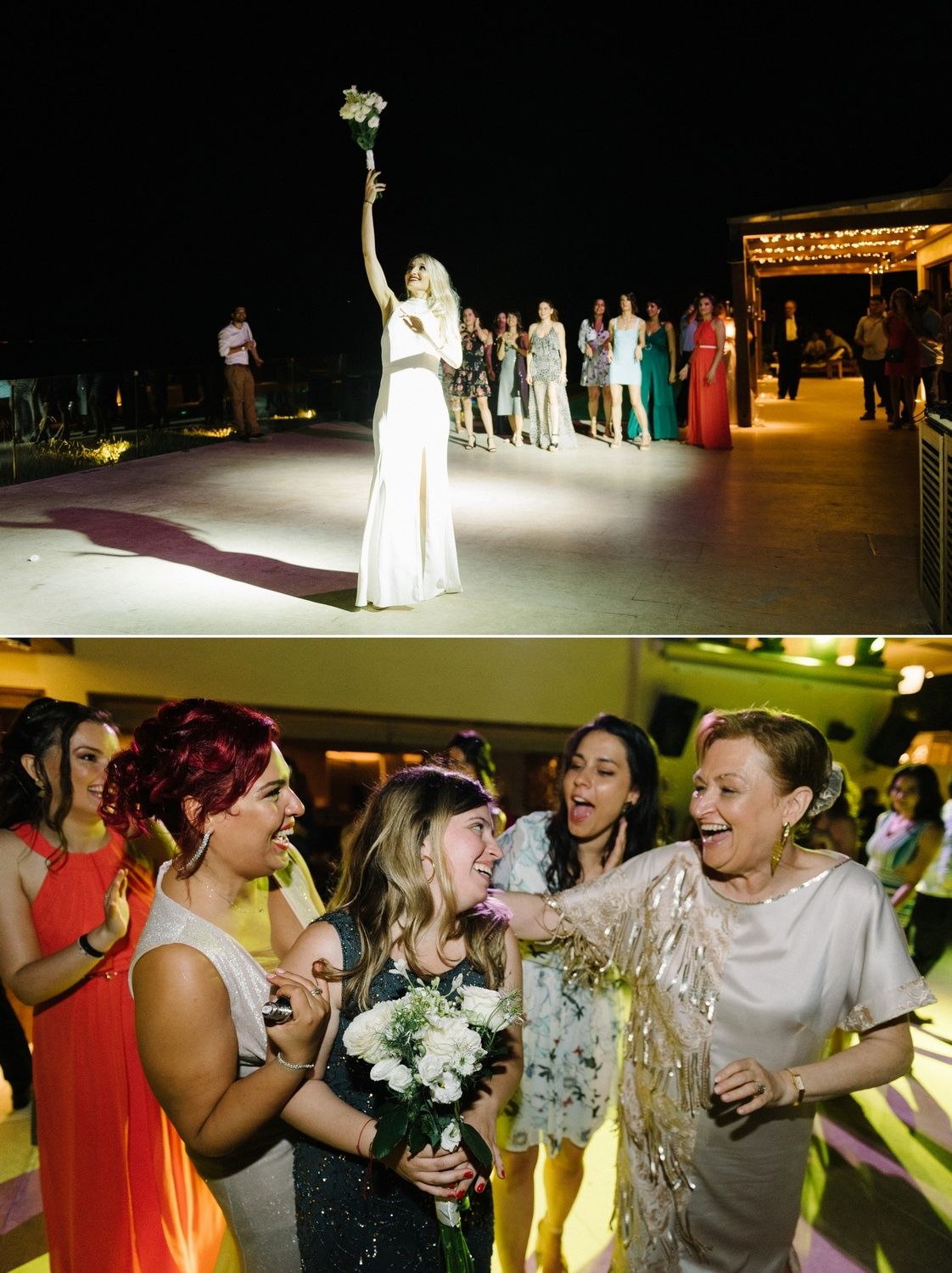 Wedding celebration scenes with bouquet toss and joyful guests reacting.