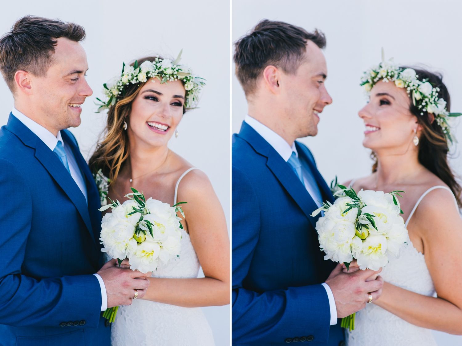 Beautiful wedding portraits against a white background with floral details.