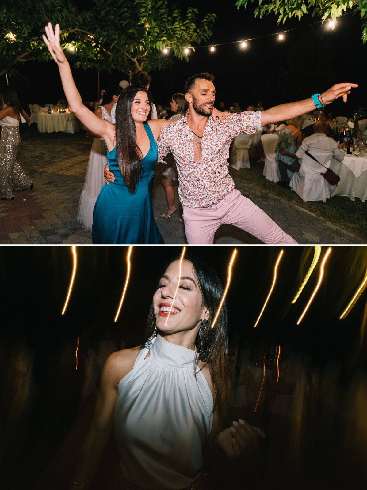Wedding guests dancing energetically during reception celebration with string lights overhead.