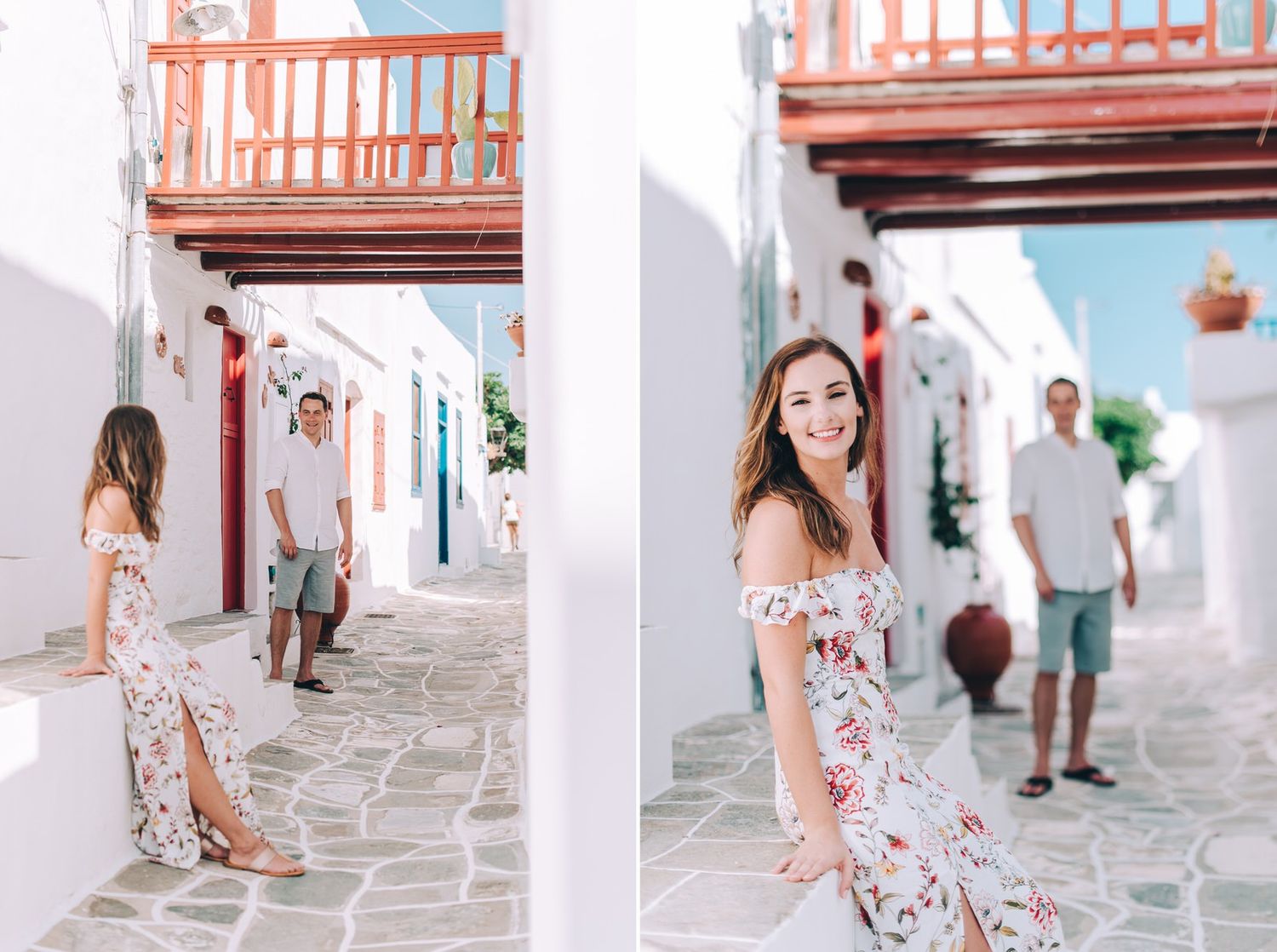Two photos showing summer outfits in white-washed Mediterranean street setting.