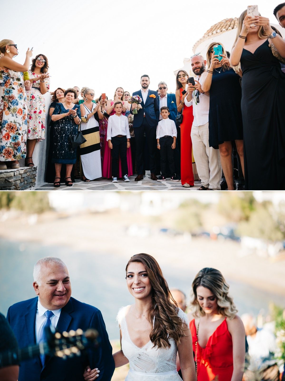 Wedding celebration with guests watching ceremony against coastal backdrop.