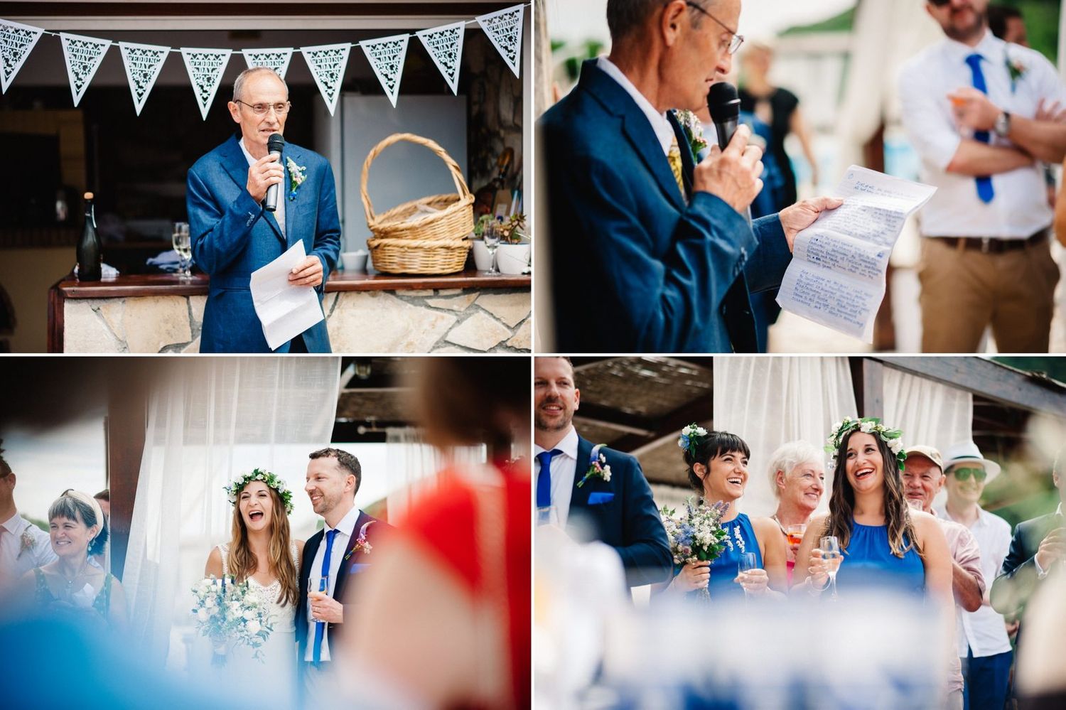 Wedding celebration with bunting decorations and casual outdoor reception setting.