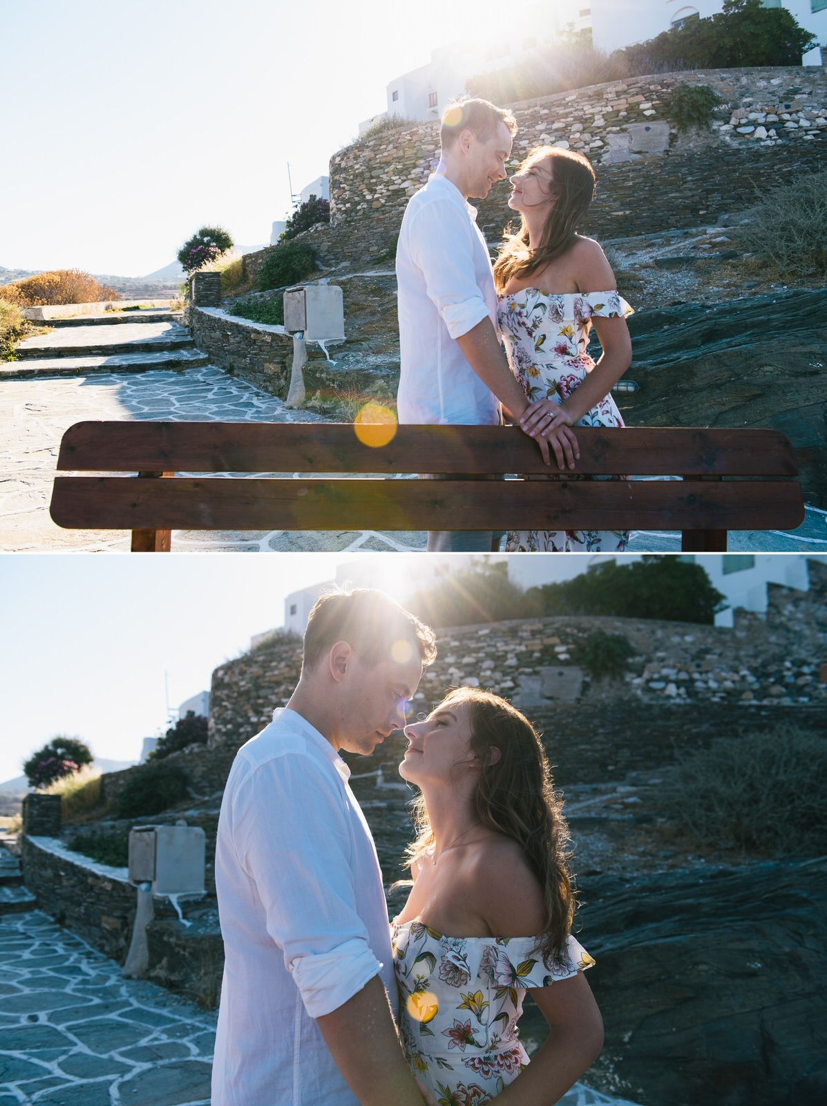 Romantic couple sharing intimate moment at sunset on Mediterranean island overlook.