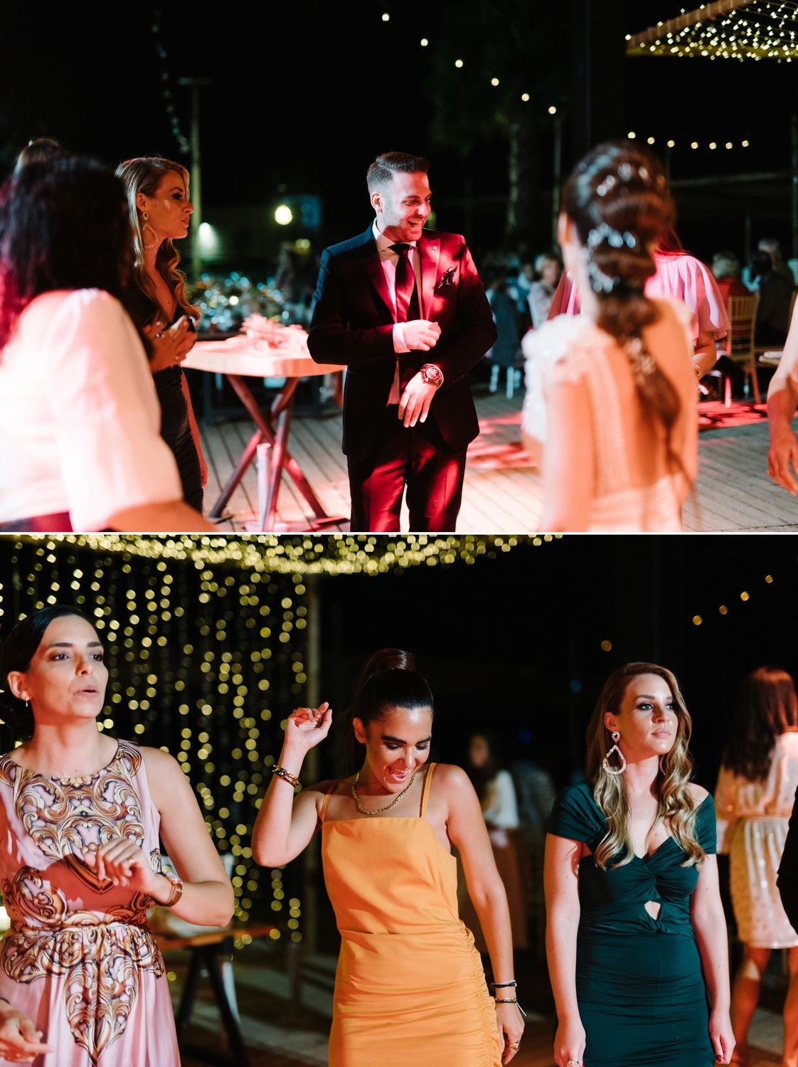 Evening wedding reception with guests dancing under twinkling lights.