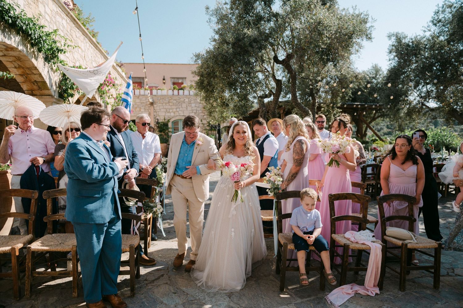 Row of celebratory wedding scenes outdoors with guests mingling and dancing at a rustic venue in natural light.