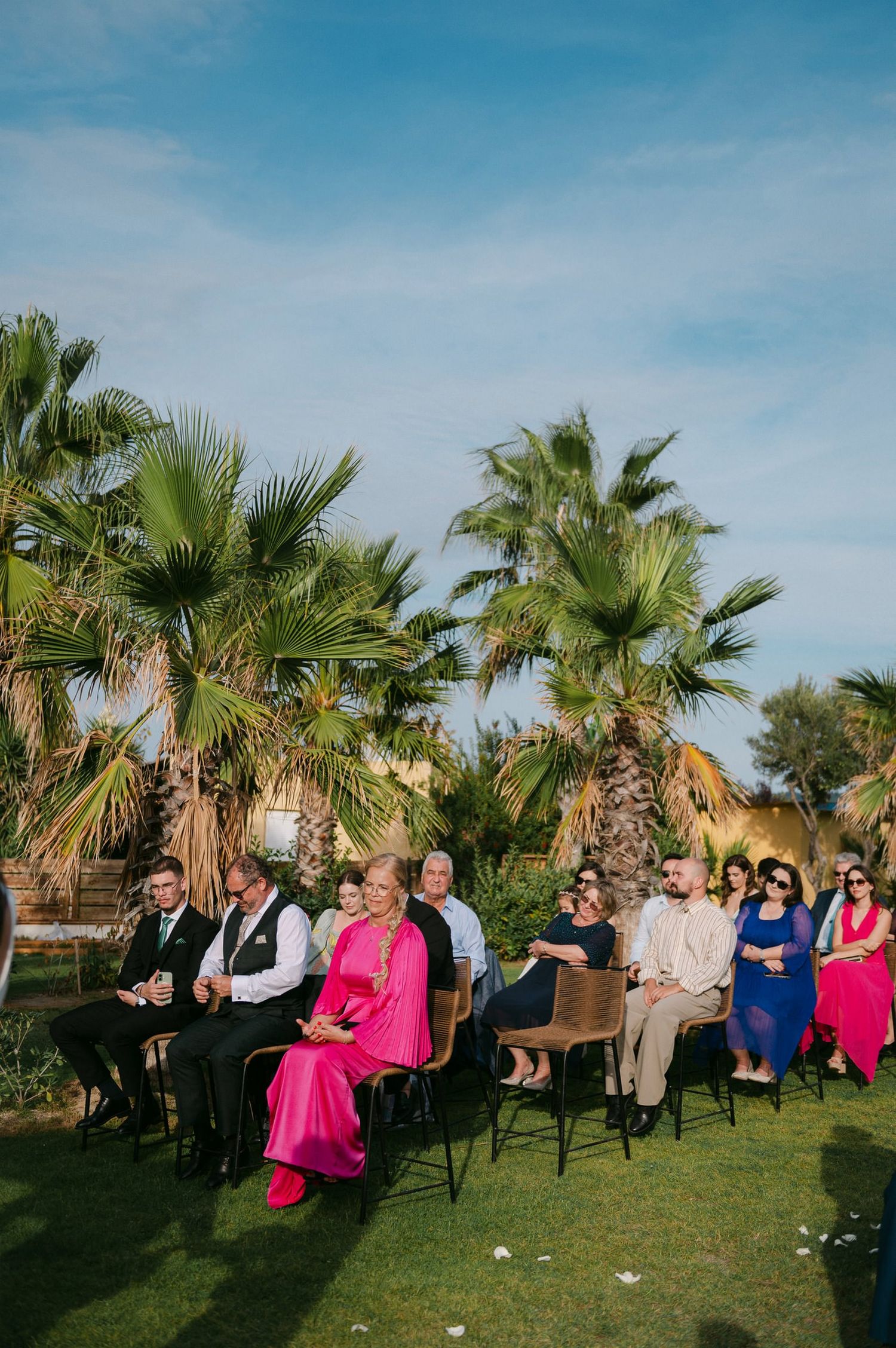 A group of people sit in chairs on a lawn with palm trees and blue sky in the background.