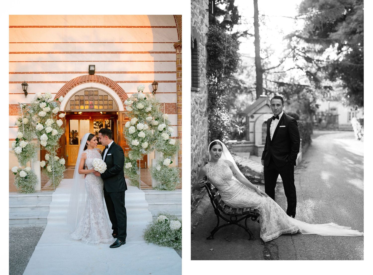 A series of romantic wedding photographs showing a couple in formal attire at various outdoor and indoor locations.