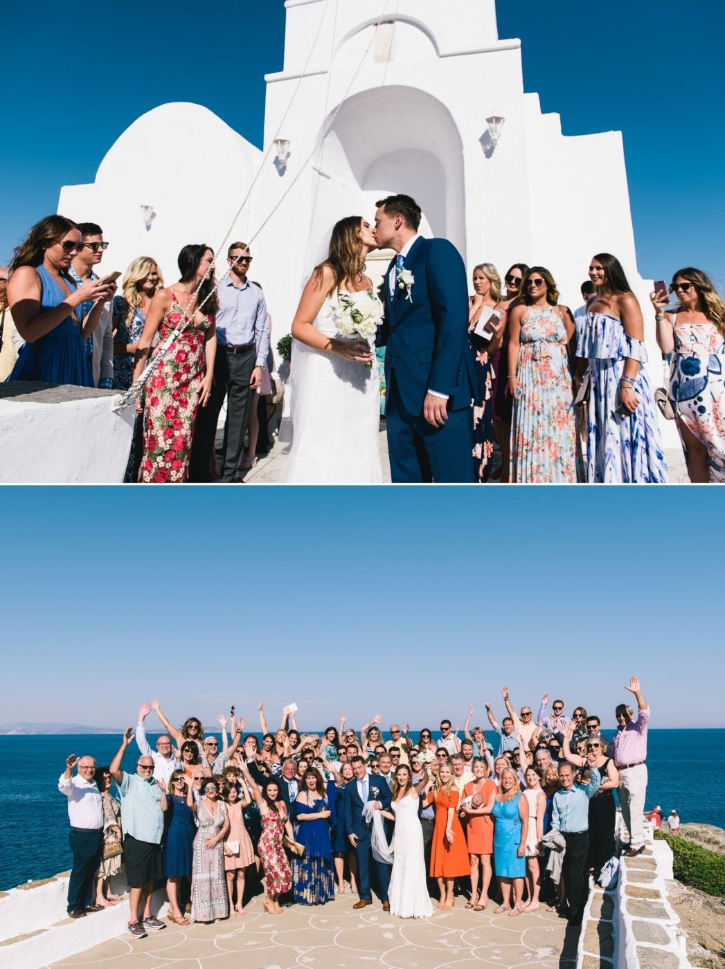 Wedding celebration at a white Mediterranean chapel overlooking the ocean with guests in colorful summer attire.