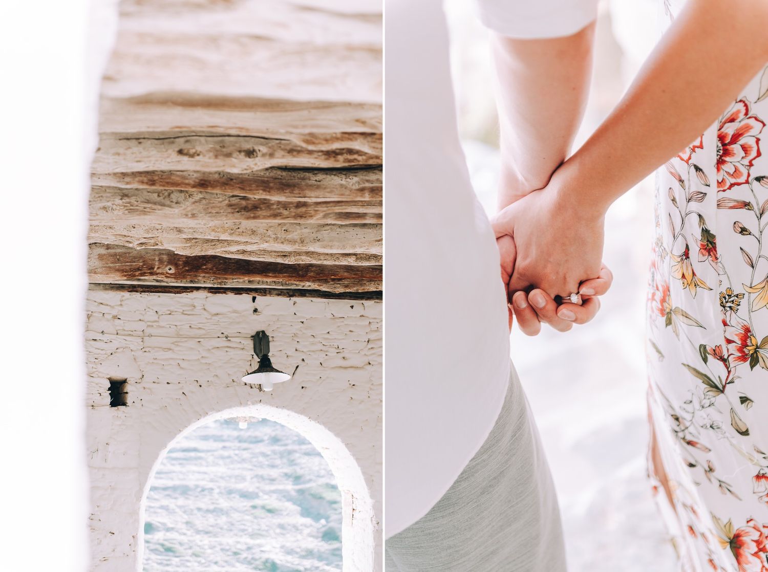 Detail shot of hands holding against white walls and rustic wooden beams.