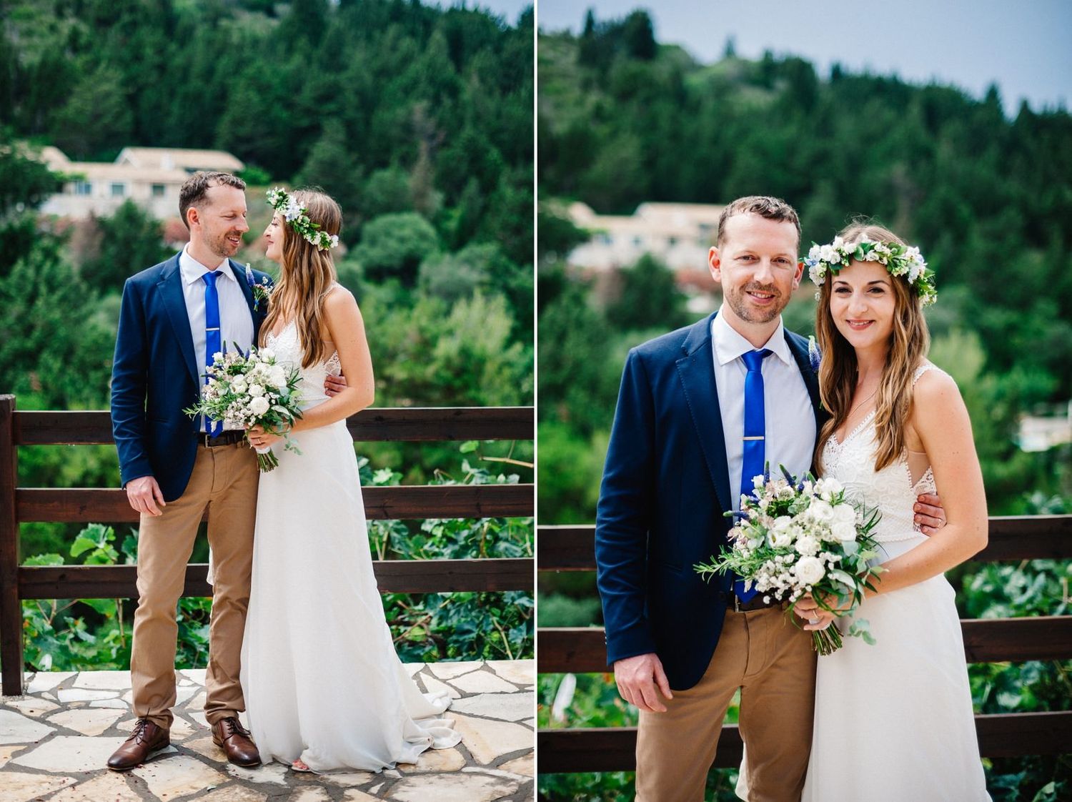 Wedding couple portraits on stone patio with mountain scenery in background.