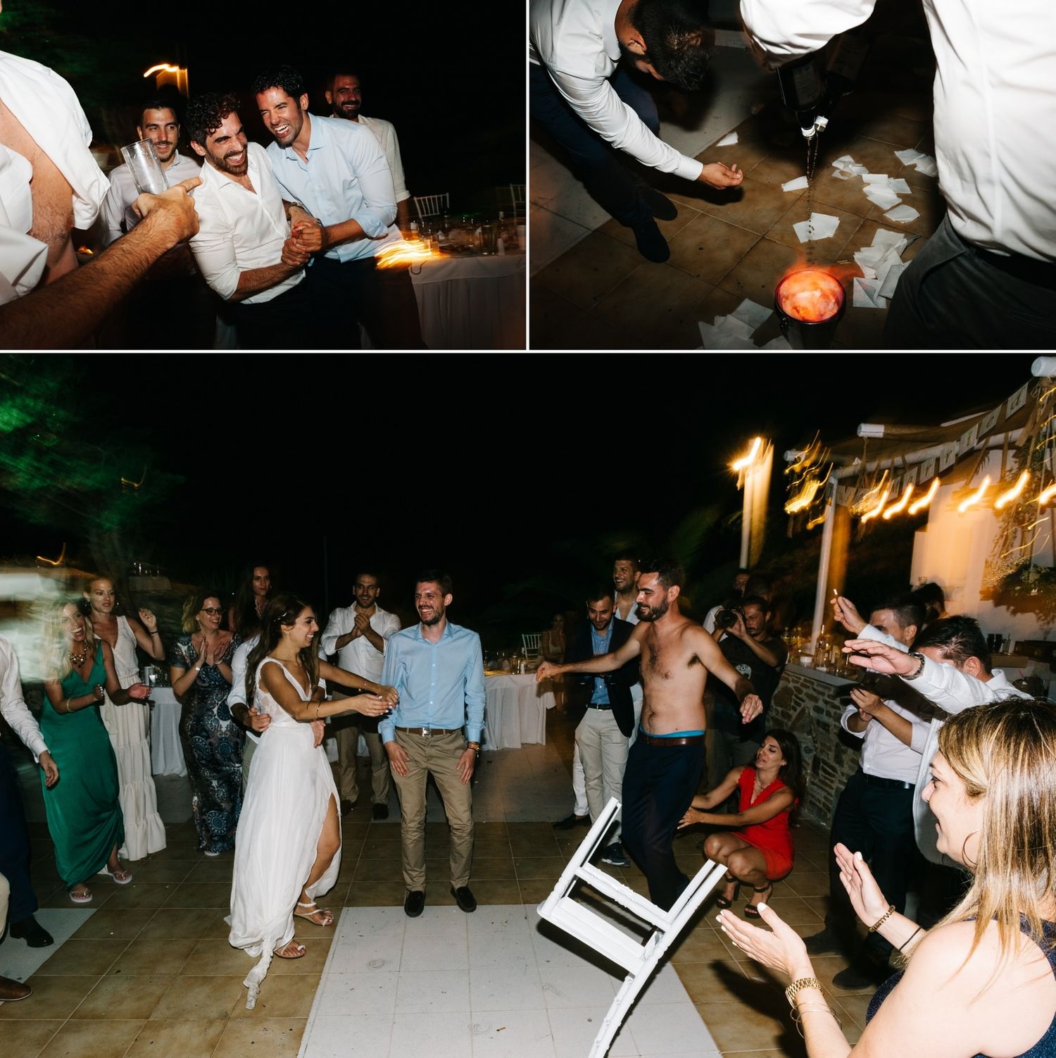 Wedding celebration with sparklers and dancing at a nighttime outdoor reception.