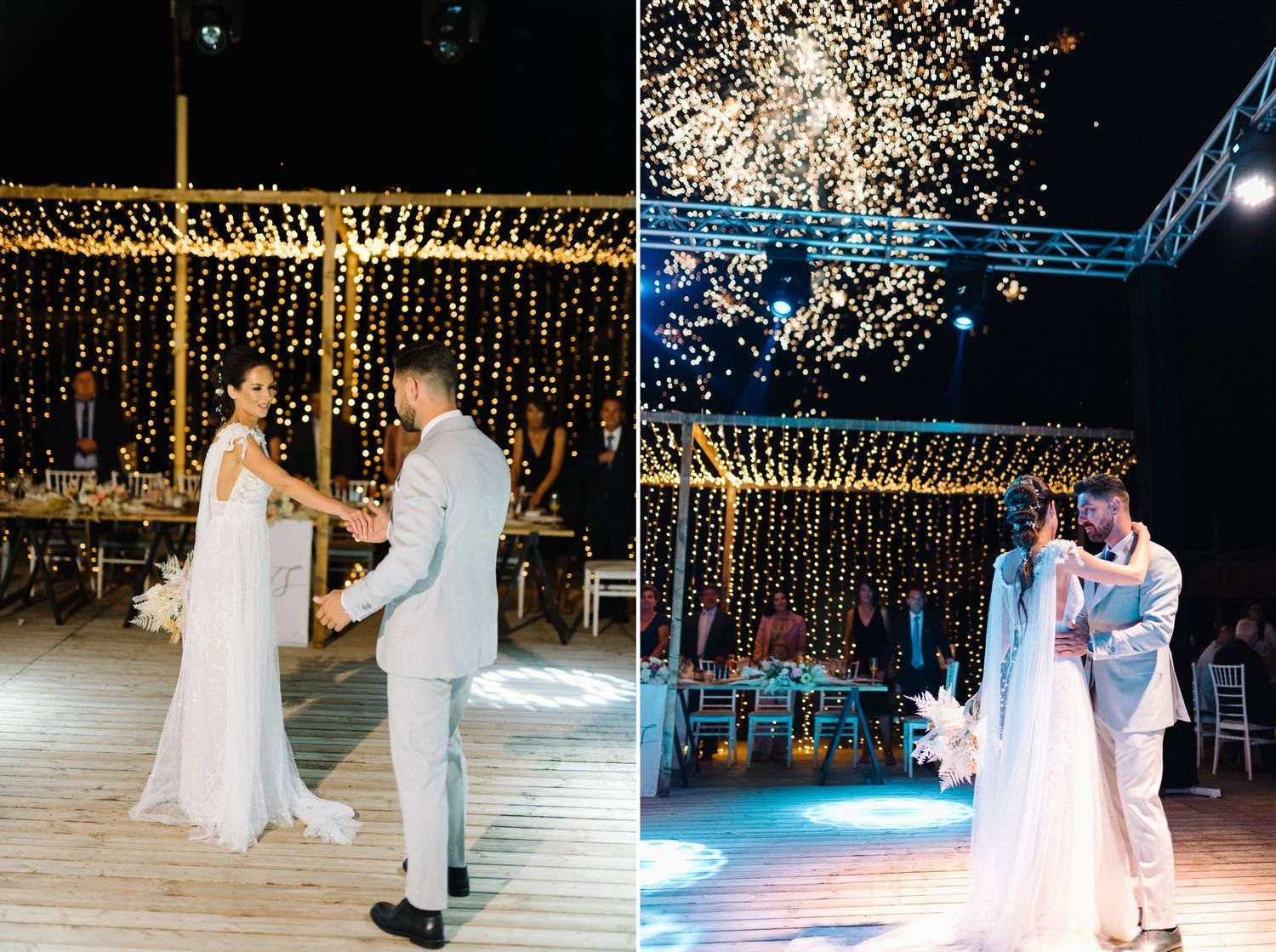 Elegant outdoor dance floor with cascading fairy light backdrop at night.
