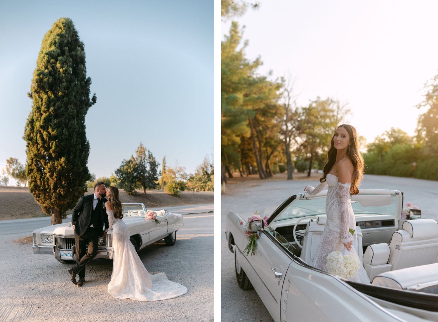Bride and groom posing beside a classic white convertible car outdoors during golden hour at their wedding.