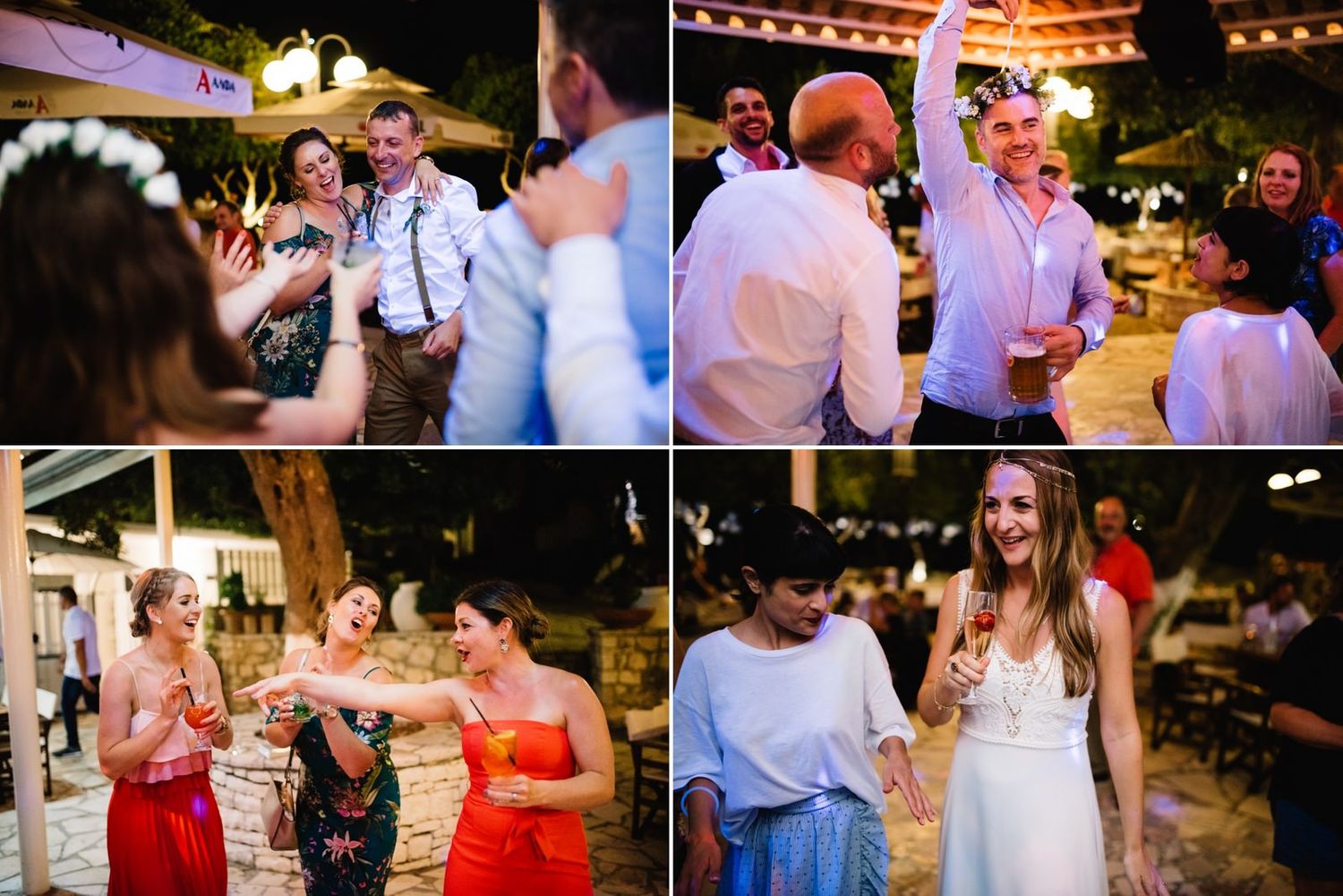 Candid moments from wedding reception showing guests dancing and celebrating under string lights.