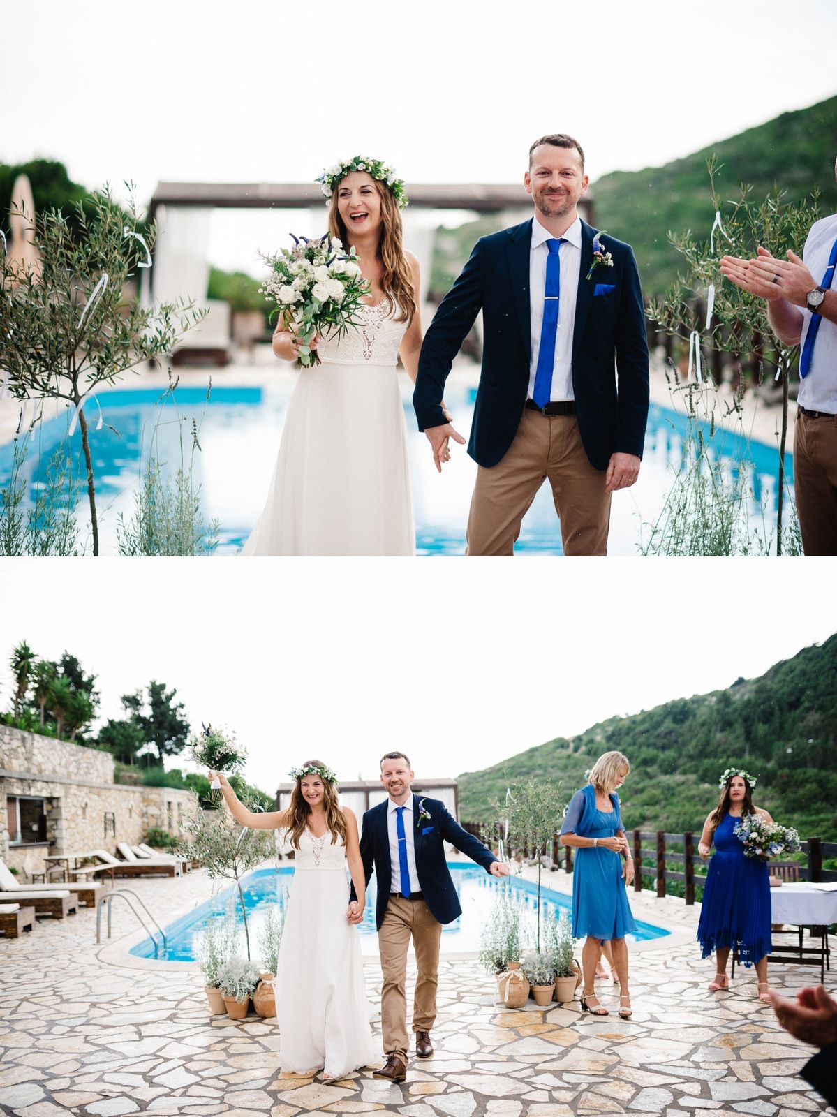 A wedding celebration by a stunning pool overlooking mountain scenery with bright blue water and stone patio.