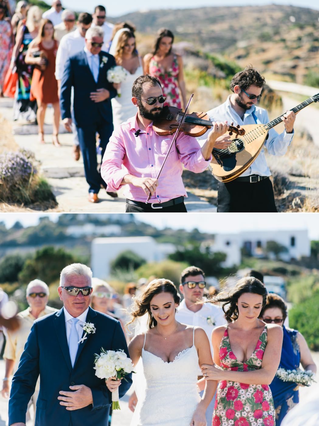 Musicians lead wedding procession through Greek countryside with violin and guitar.