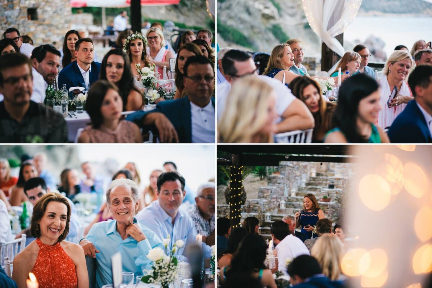 Candid shots of wedding guests enjoying the outdoor reception festivities.