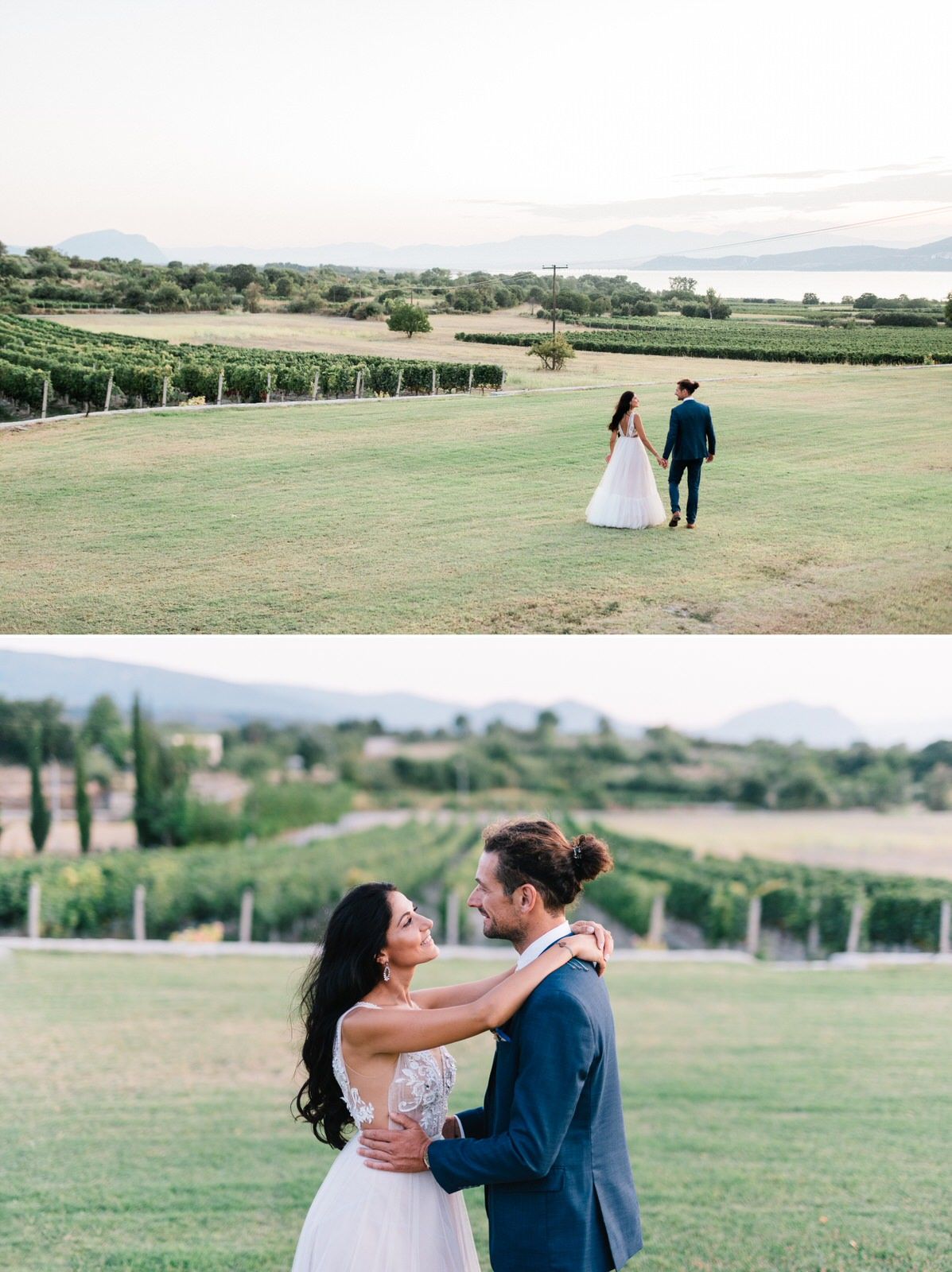 Wedding photos in a scenic vineyard with rolling hills and distant mountains.