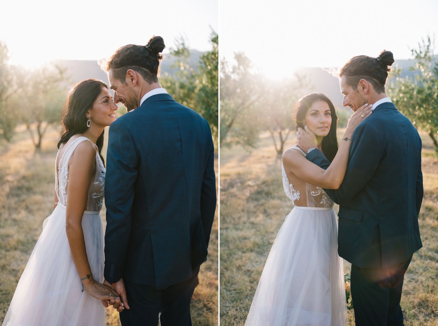 Wedding couple's tender moments captured in rustic orchard setting.