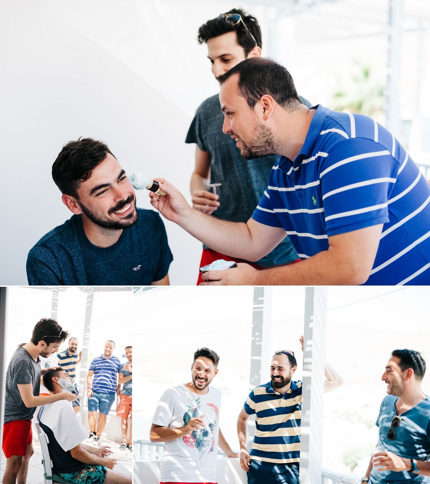 Friends laughing and enjoying a casual gathering in a bright indoor space.