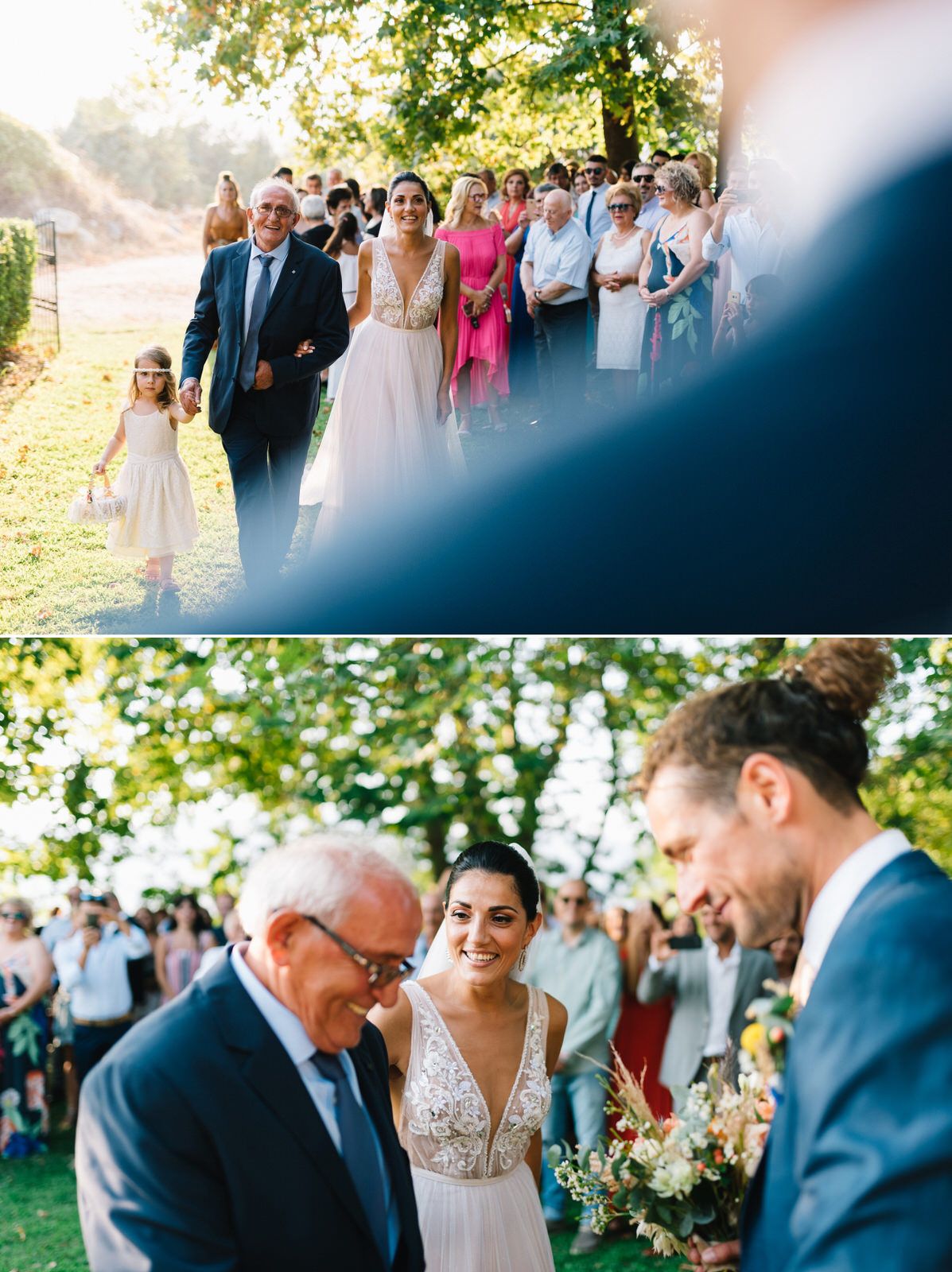 Wedding party and guests gather outdoors during a late afternoon ceremony.