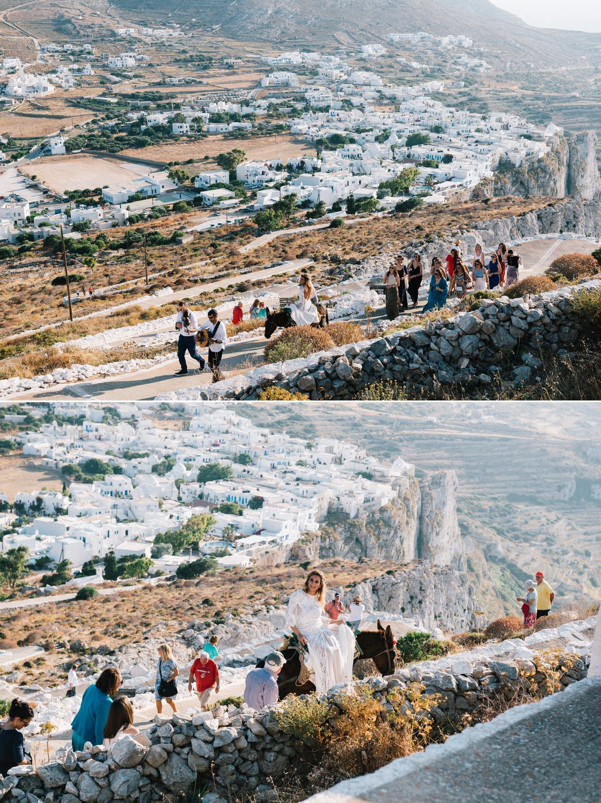 bride is on a donkey on her way to the church at folegandos