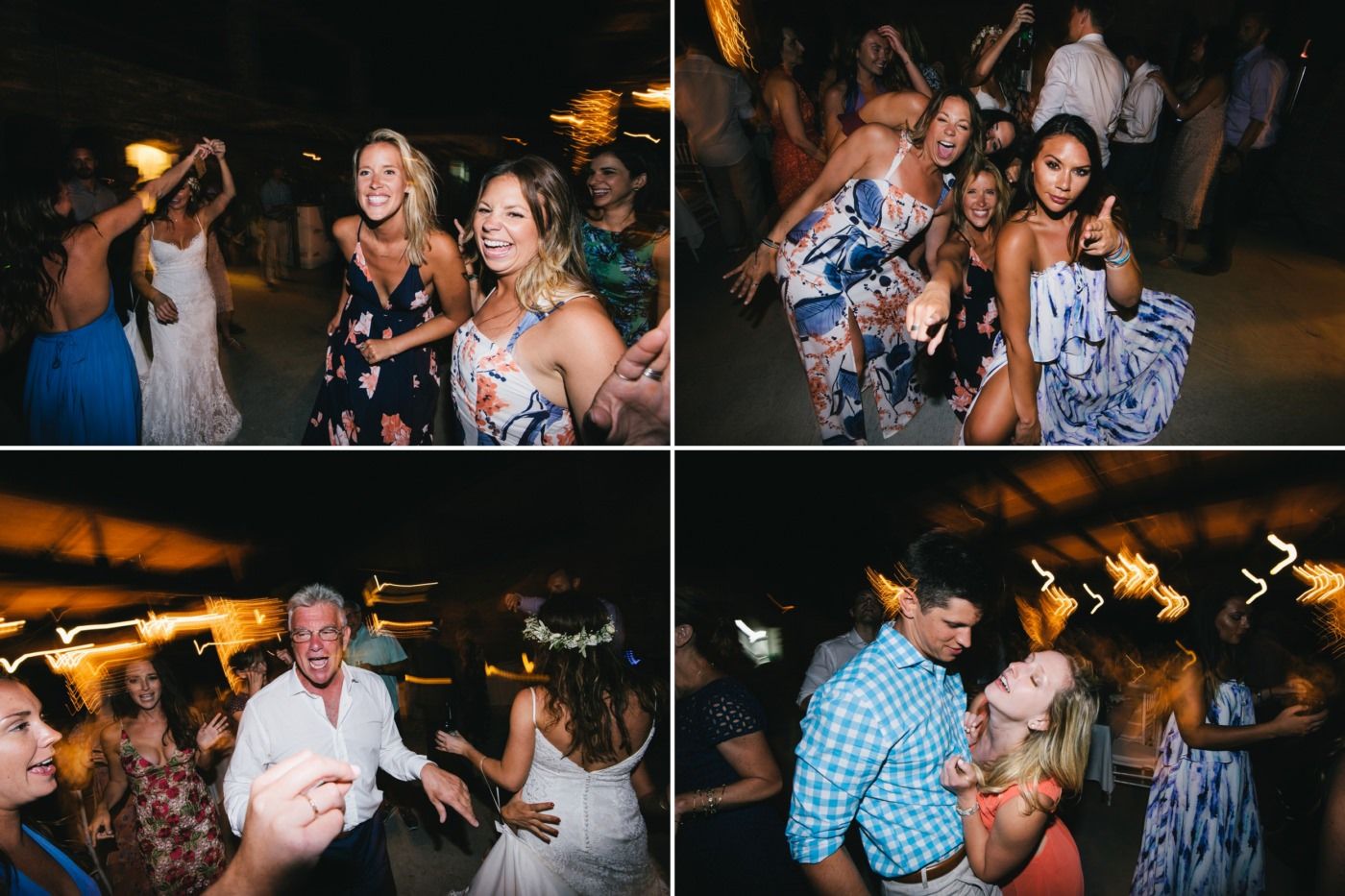 Guests enjoying themselves on the dance floor during an evening wedding reception celebration.