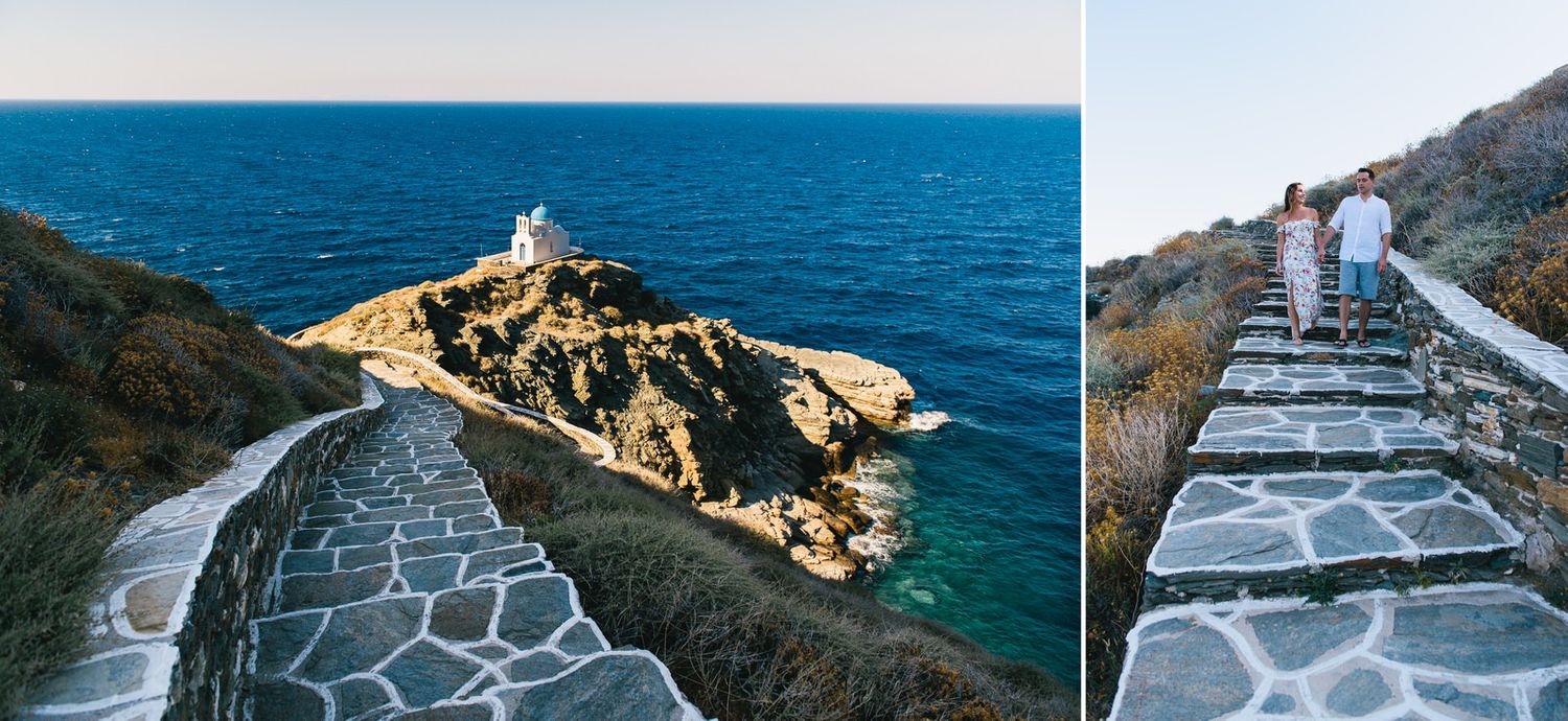 Stone pathway leading to white lighthouse perched dramatically on Mediterranean coastal cliffs.