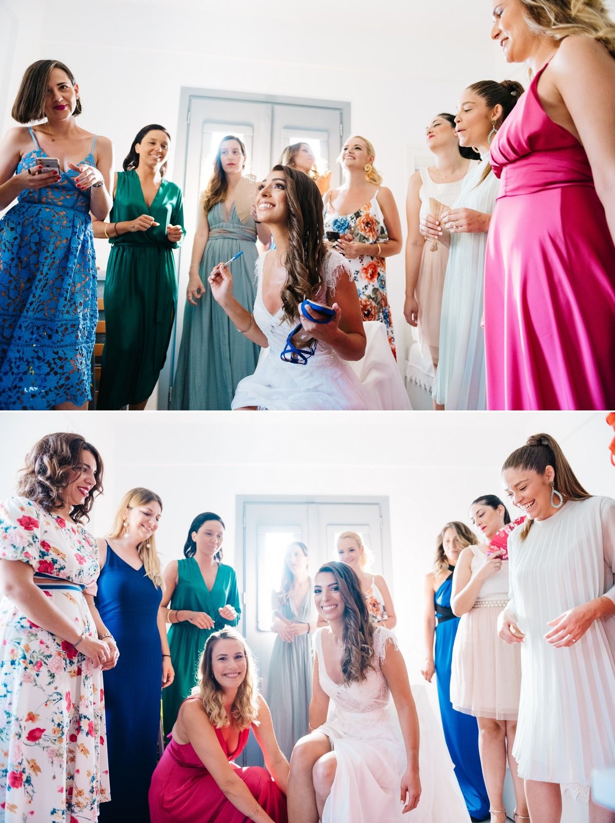 Candid moments of bridal party in colorful dresses during pre-wedding preparations.