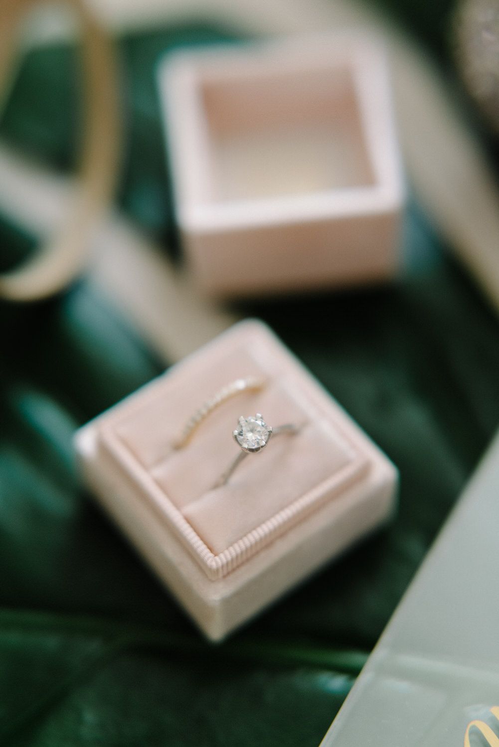 Engagement ring in pink velvet box displayed on green monstera leaf.