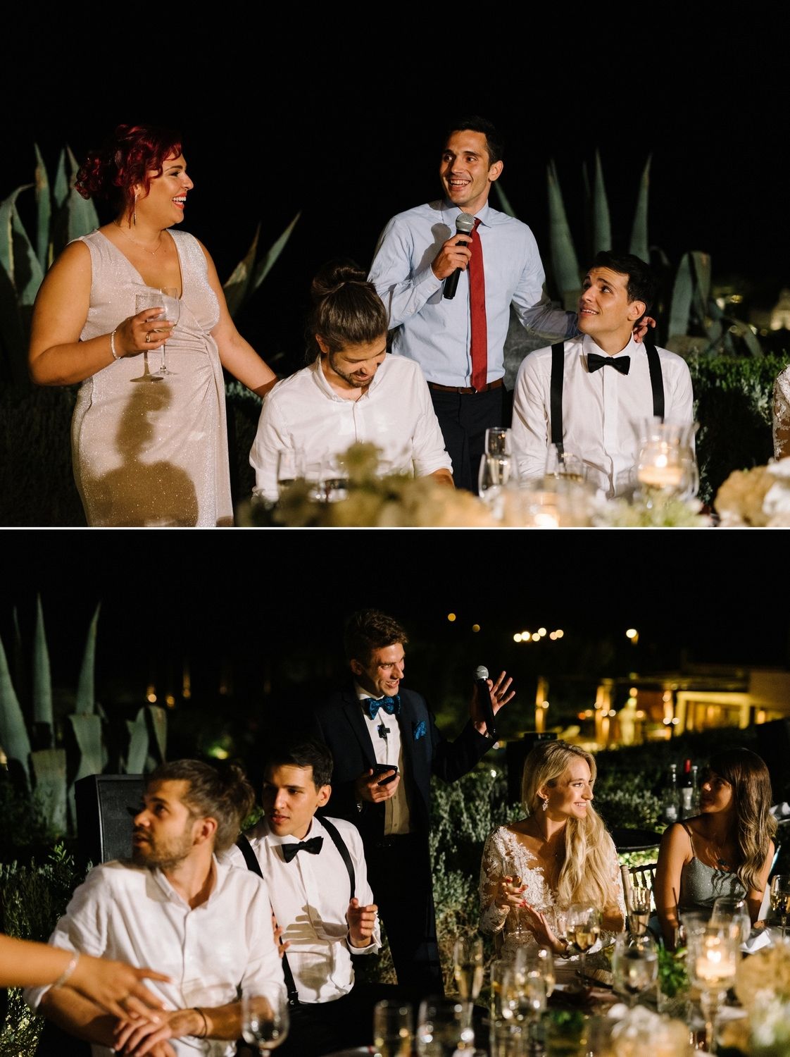 People enjoy drinks and toasts during an elegant nighttime wedding reception surrounded by tropical greenery and candlelight.