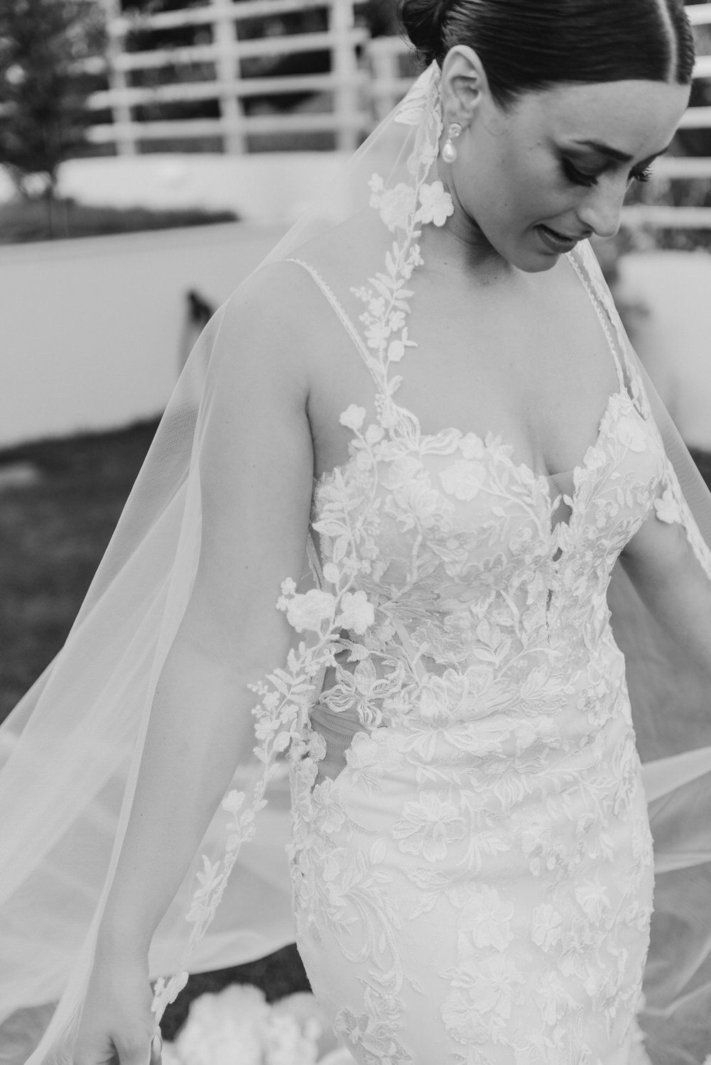 Close-up detail of intricate lace bodice and veil on wedding dress.