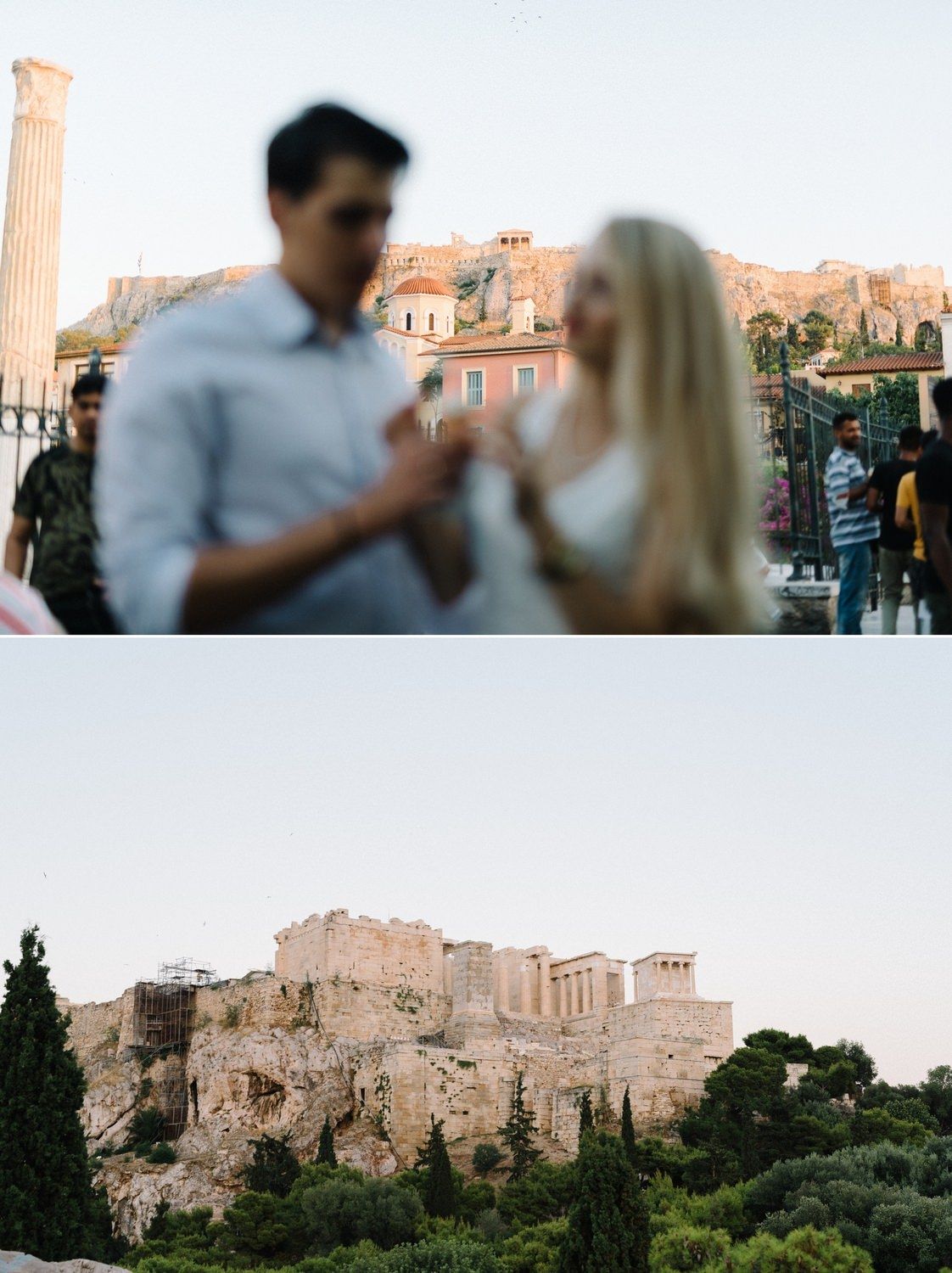 Couple sharing a sweet treat with the historic Acropolis of Athens visible in the background.