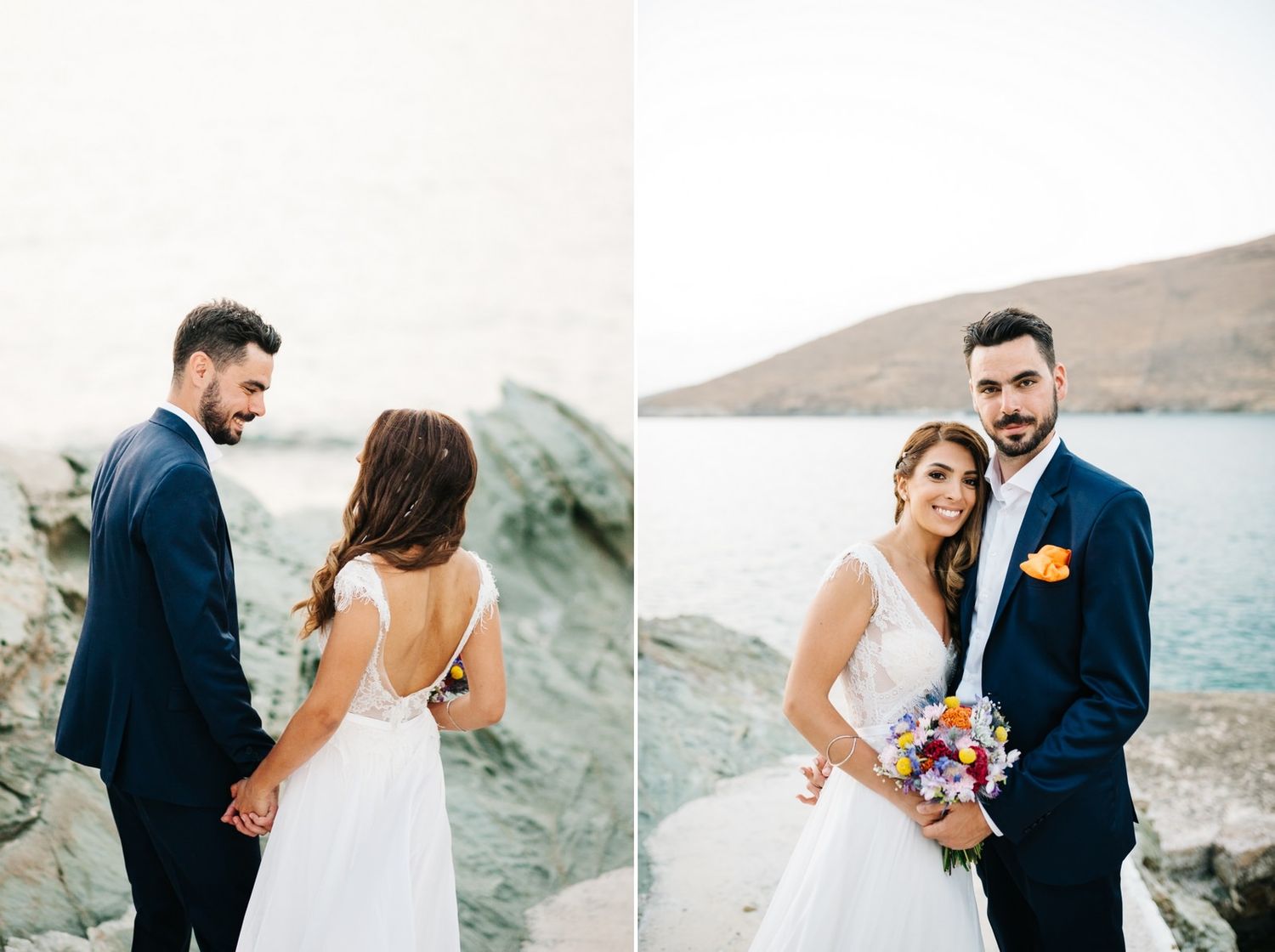 Romantic wedding couple poses on rocky coastal cliffs overlooking Mediterranean waters.