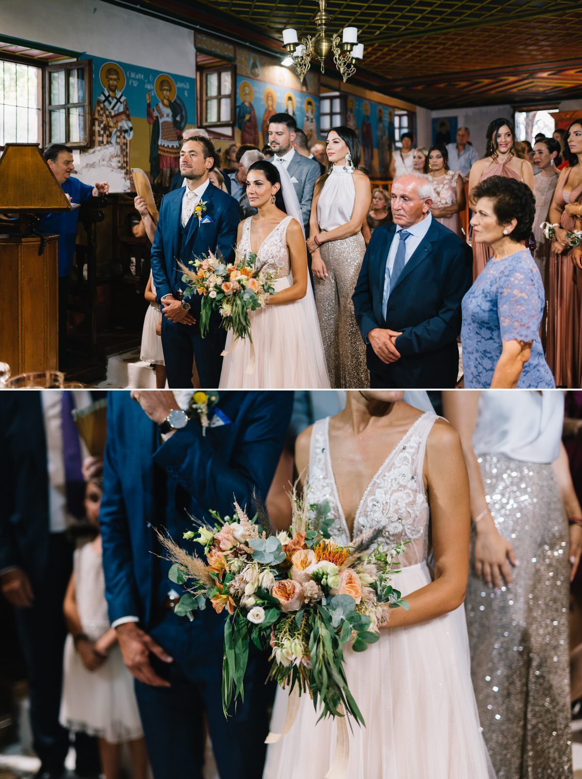 Traditional church wedding ceremony with floral bouquets and elegant decorations.